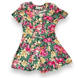 Vintage Caroline Wells Romper Multicolor Tropical Floral Print Button Front